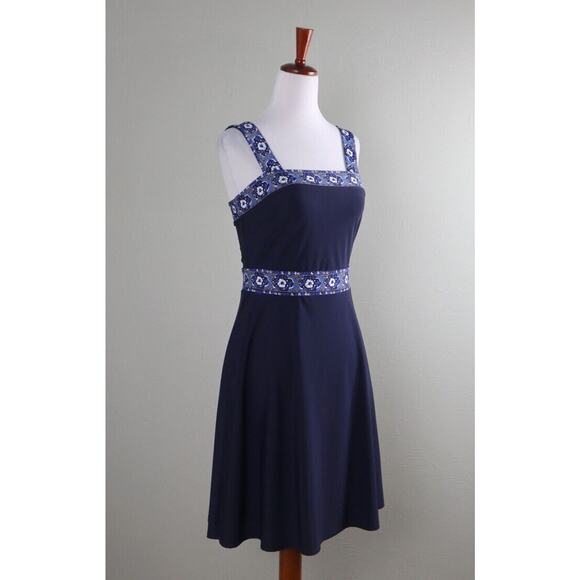 JUDE CONNALLY $168 Smooth Stretch Navy Floral Tile Trim Tank Dress Size XS - Picture 2 of 6